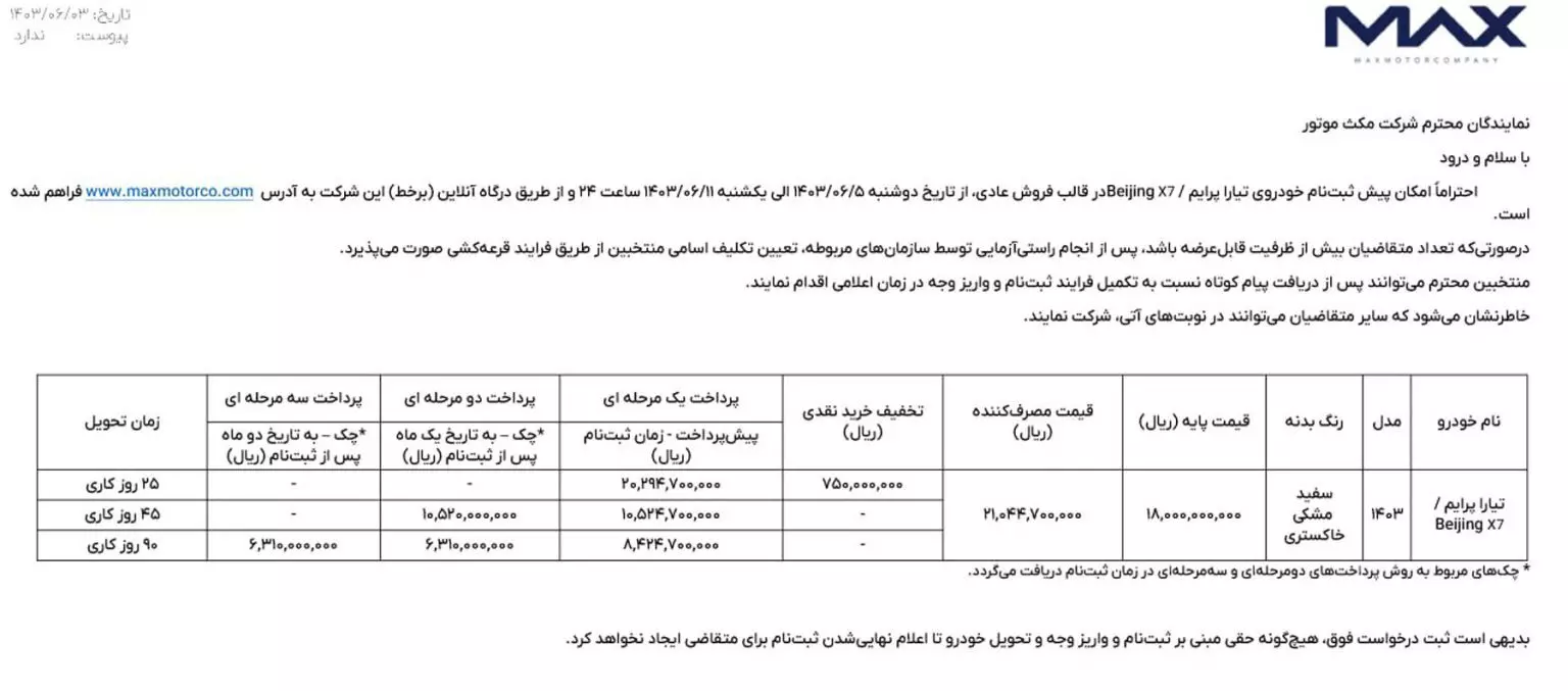جدول شرایط فروش تیارا پرایم