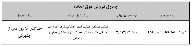 جدول خودرو کوییک