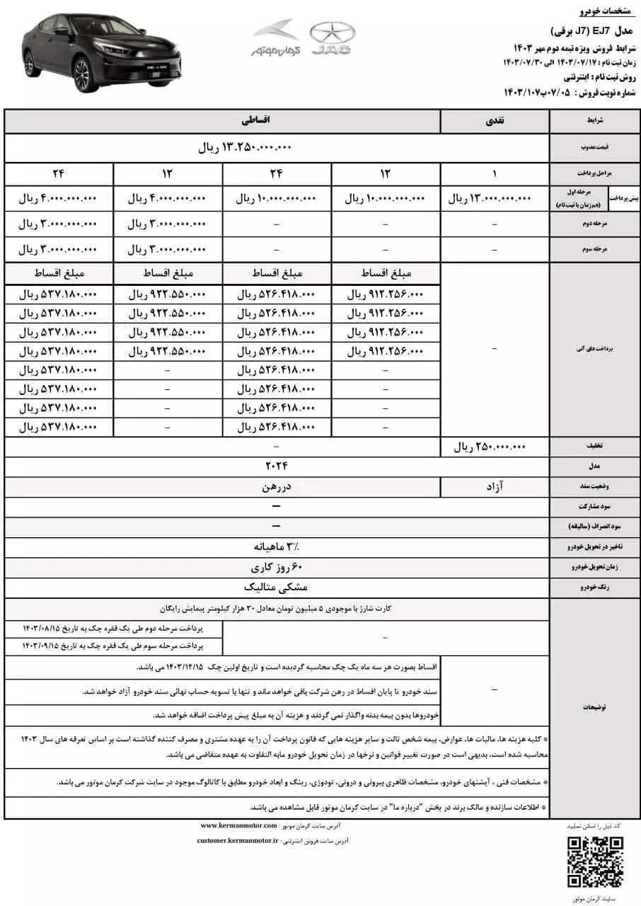 جدول شرایط فروش کی ام سی EJ7