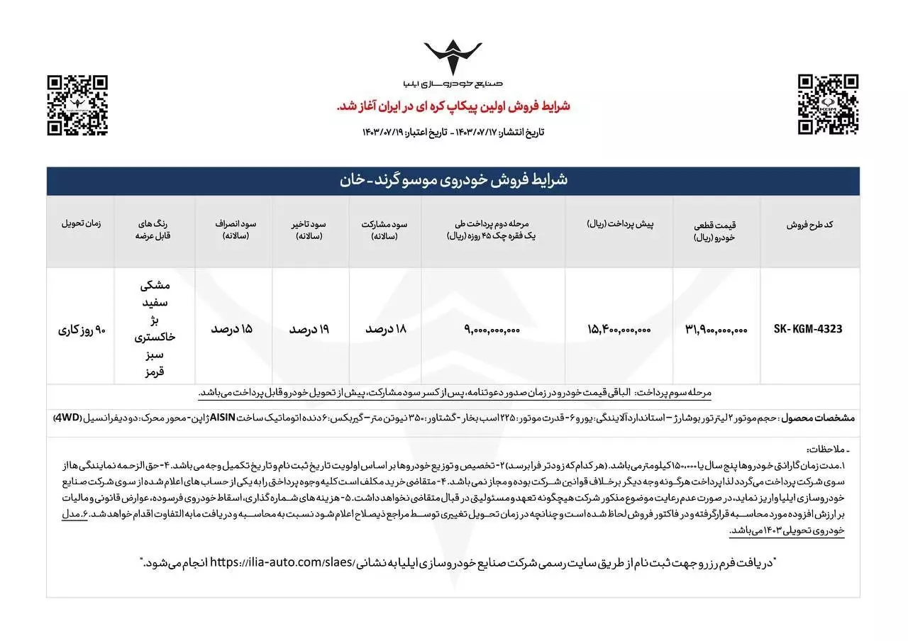 شرایط فروش پیکاپ موسو گرند-خان