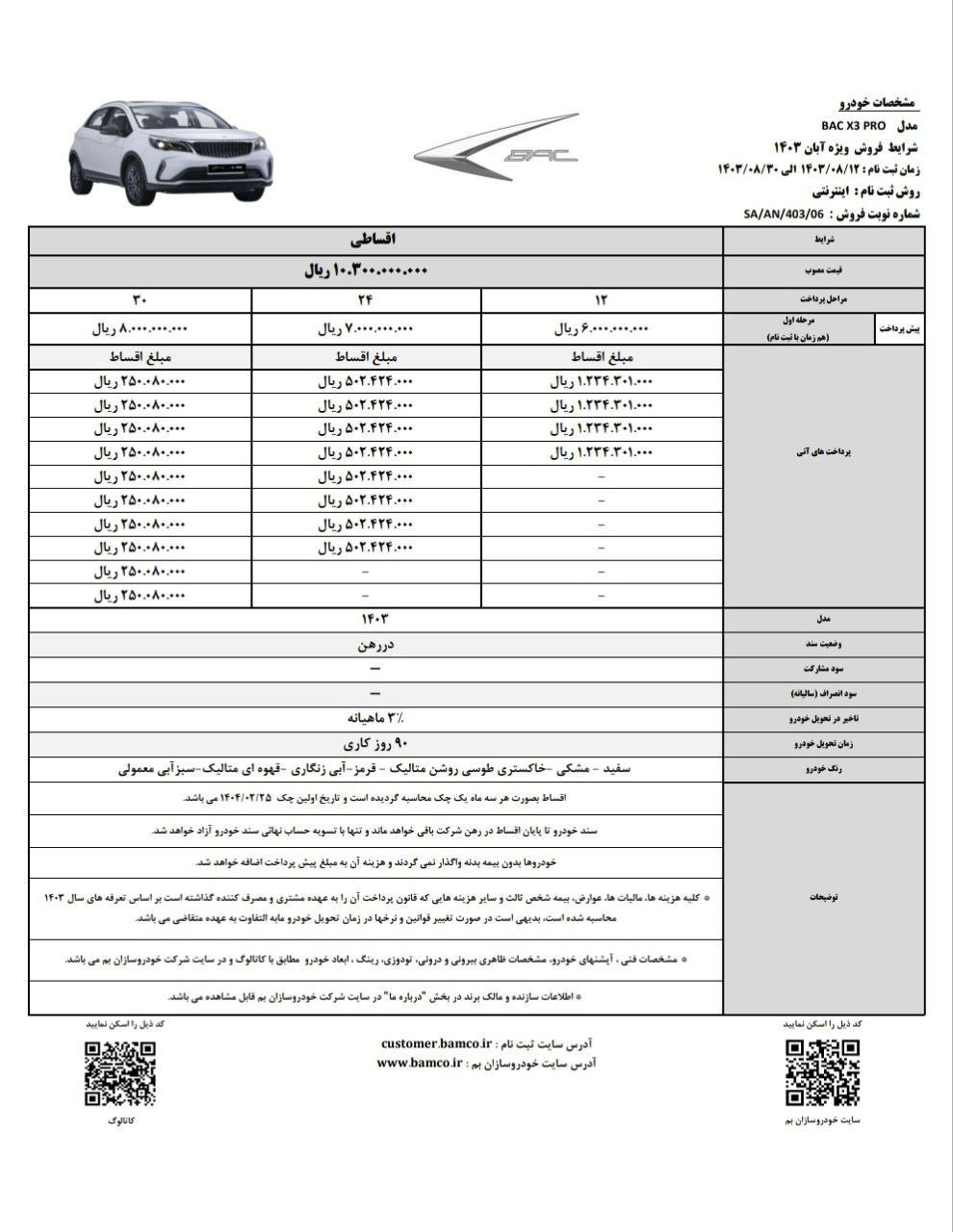 جدول فروش بک x3
