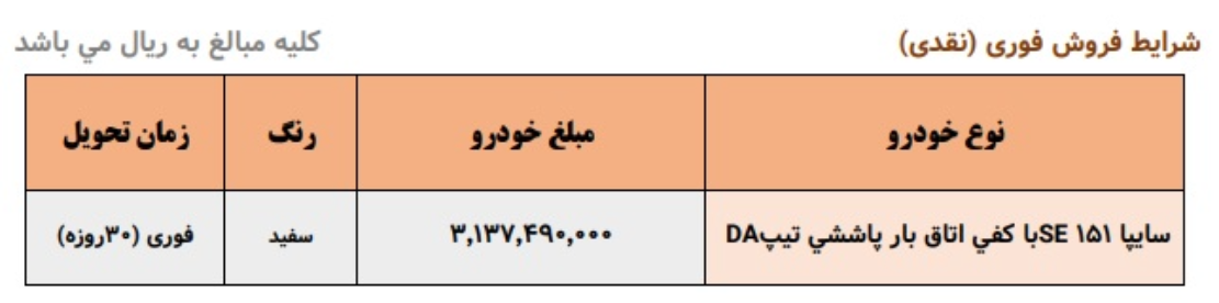 جدول وانت سایپا 151