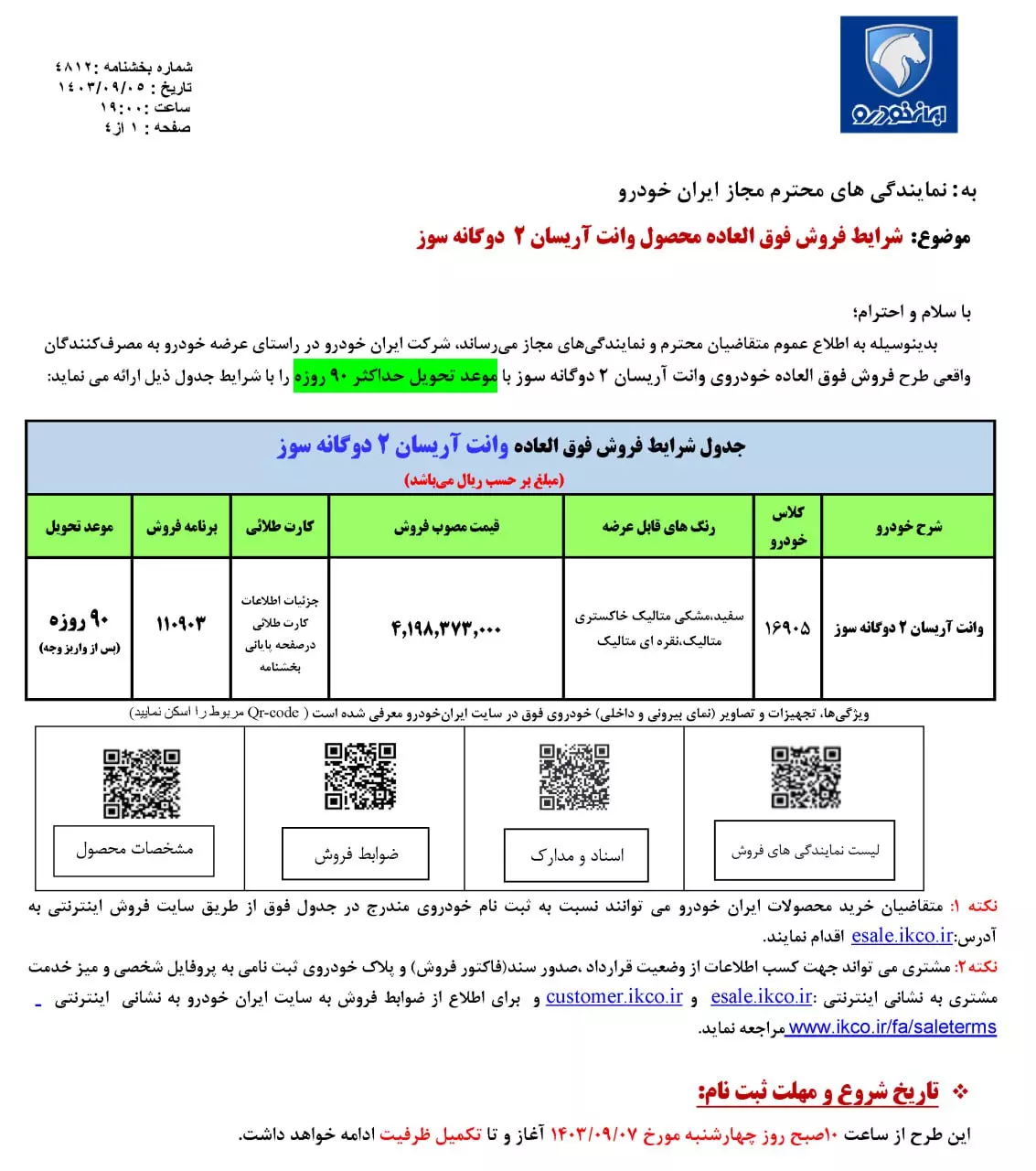 جدول فروش وانت آریسان