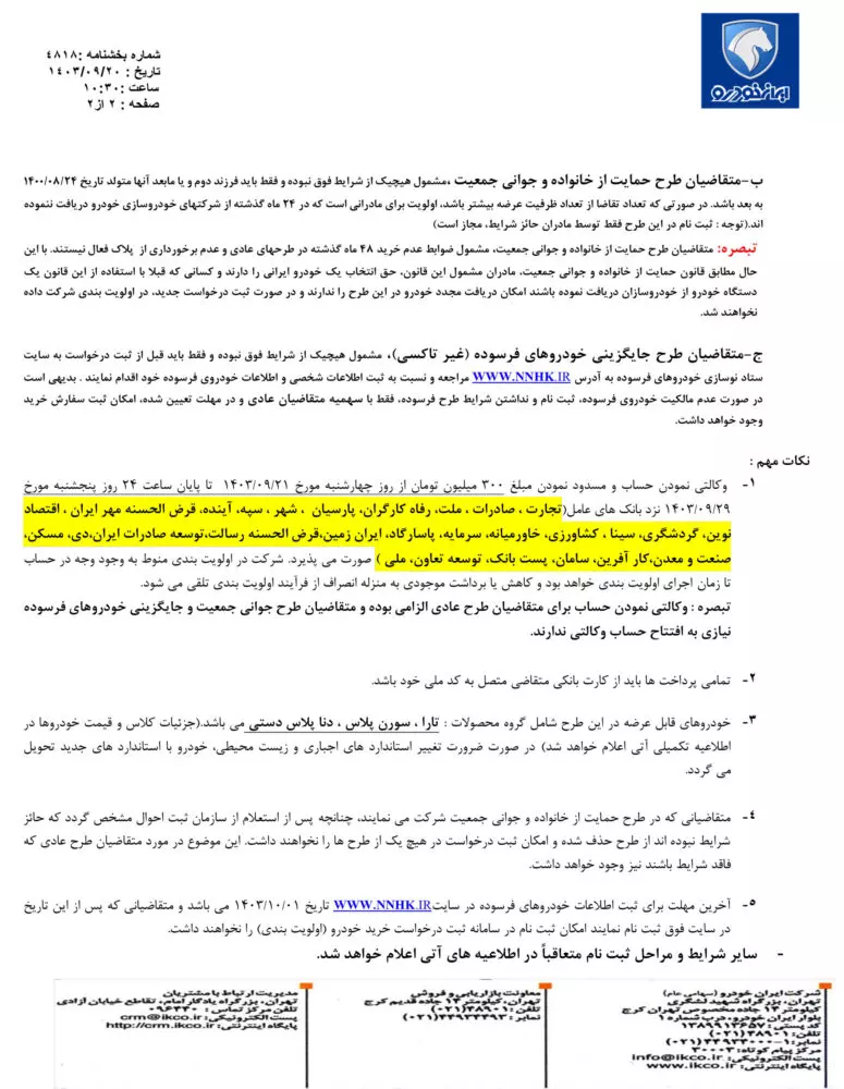 جدول 2 طرح فروش محصولات ایران خودرو