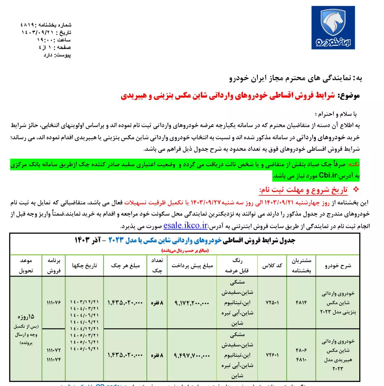 جدول شرایط فروش شاین مکس