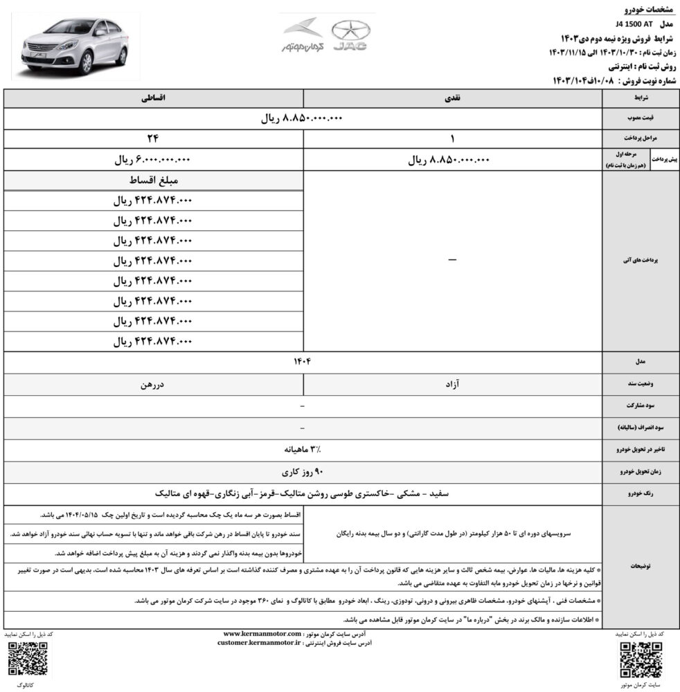 جدول فروش J4