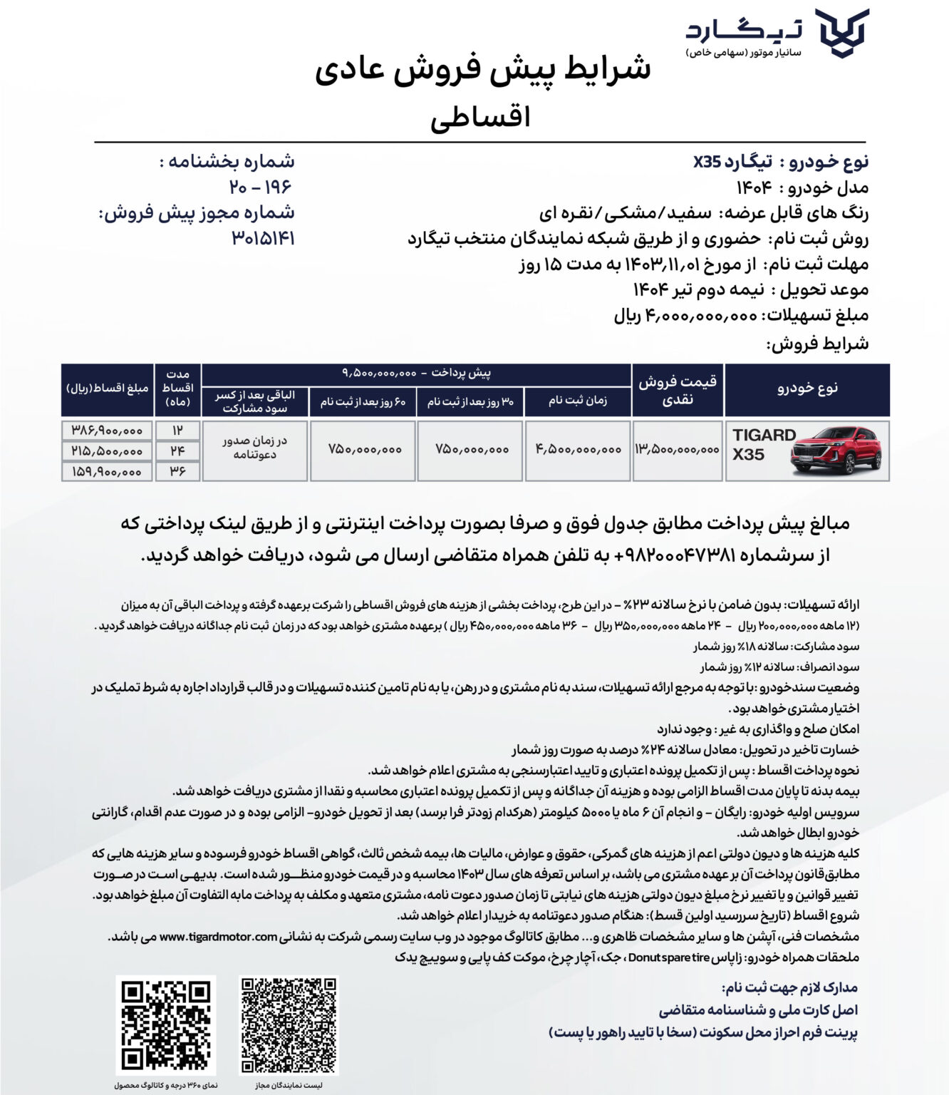 جدول فروش اقساطی تیگارد