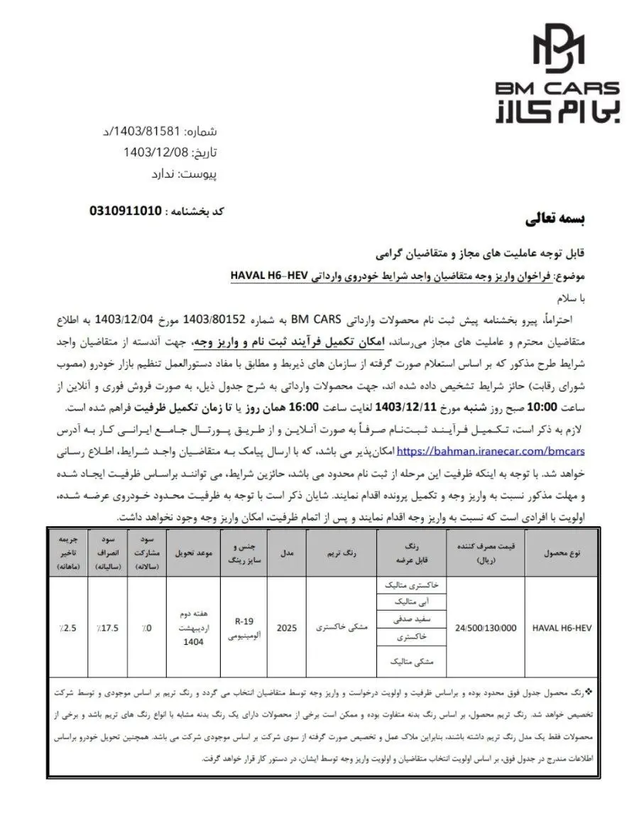 شرایط تکمیل وجه هاوال