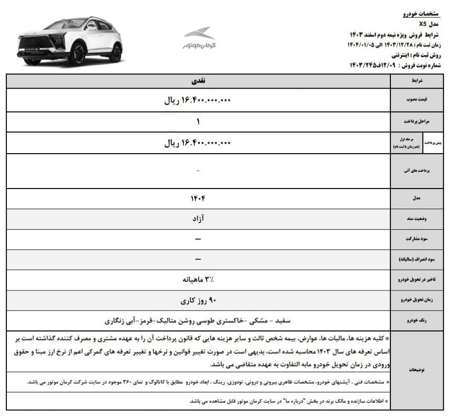 شرایط فروش کی ام سی X5