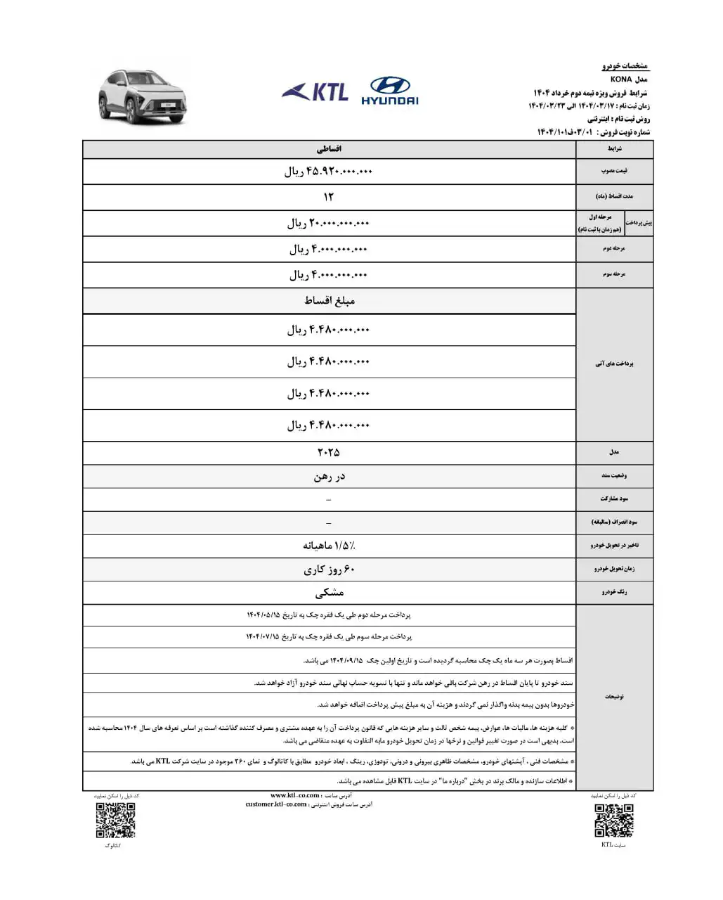 شرایط فروش فروش هیوندای کونا ۲۰۲۵ توسط KTL