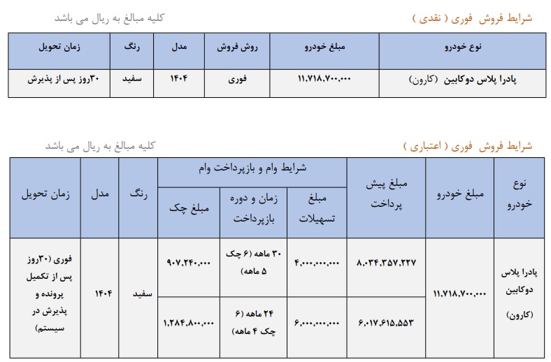 شرایط فروش پادرا پلاس دو کابین