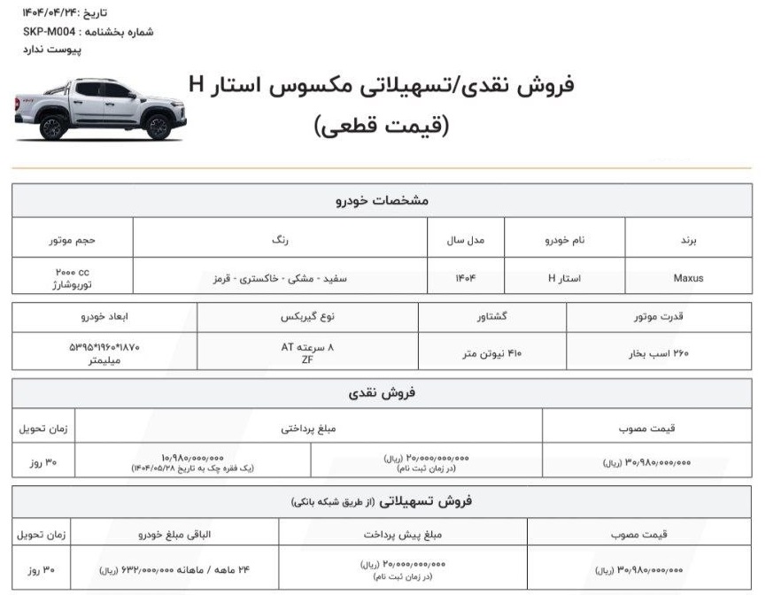 شرایط فروش مکسوس استار H