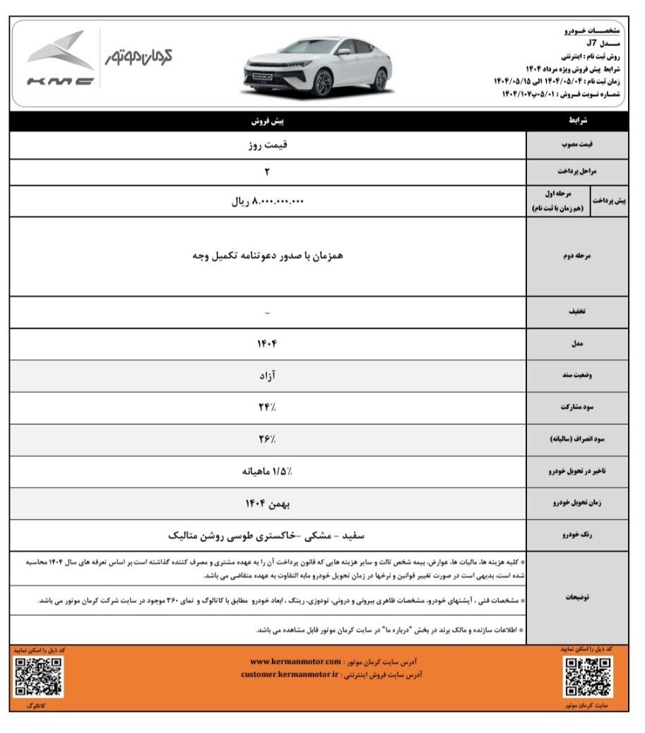 بخشنامه فروش KMC J7