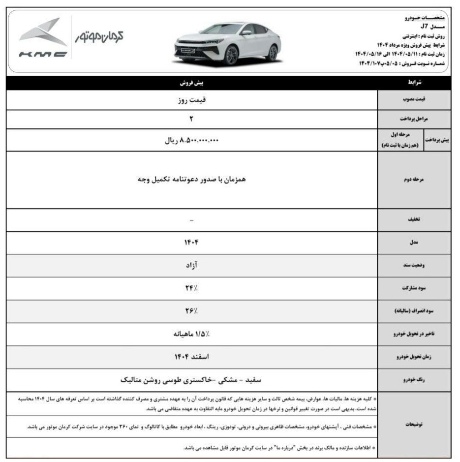 بخشنامه فروش کی ام سی J7