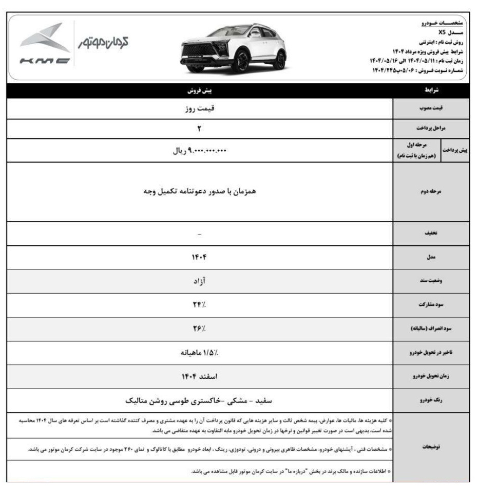 بخشنامه فروش کی ام سی X5