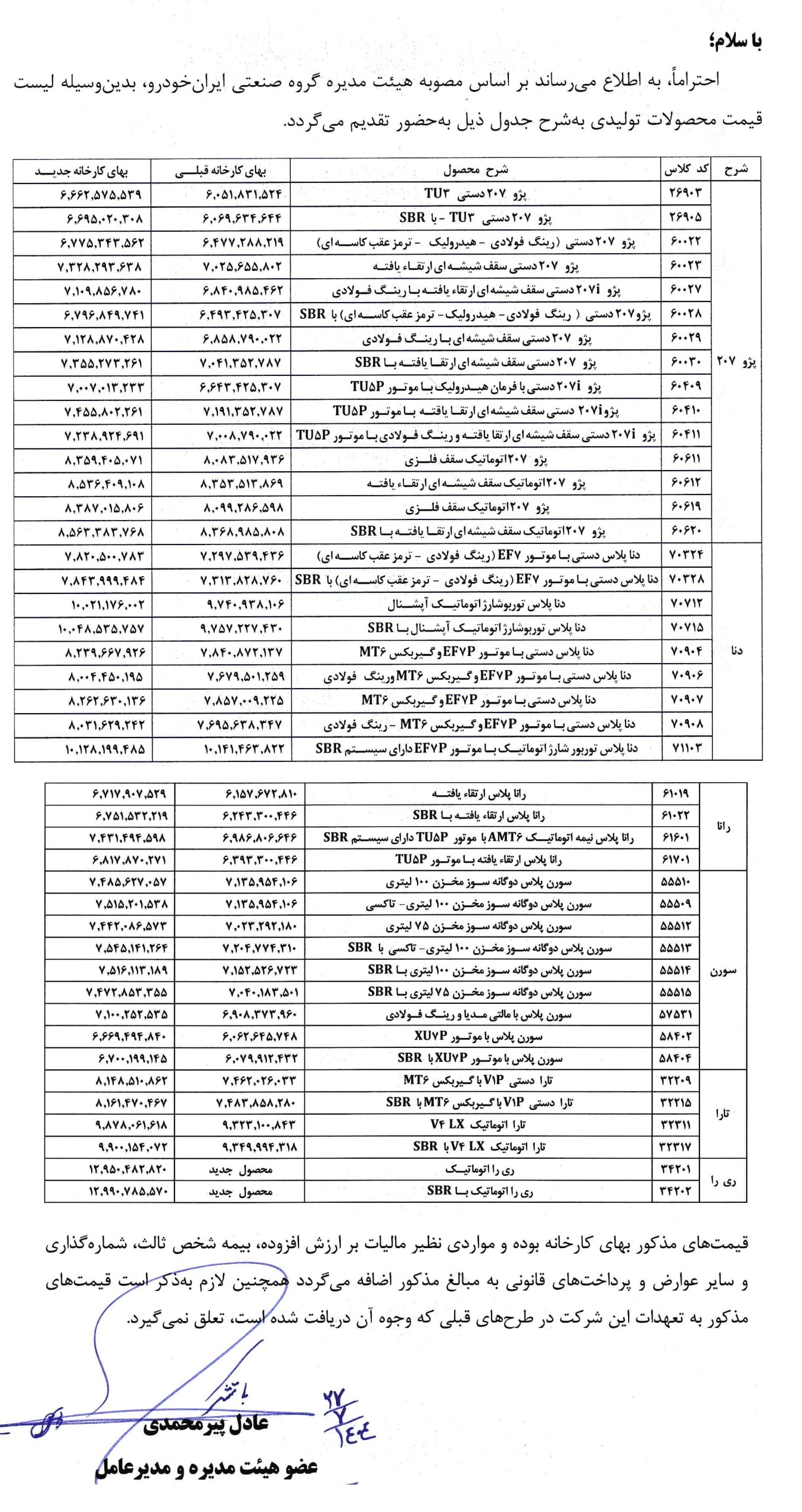 لیست قیمت جدید محصولات ایران خودرو