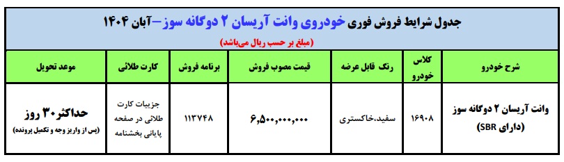 شرایط فروش وانت آریسان 2 دوگانه‌ سوز