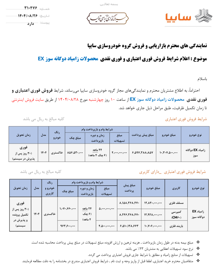 بخشنامه فروش انواع زامیاد EX