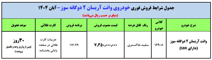 شرایط فروش وانت آریسان 2