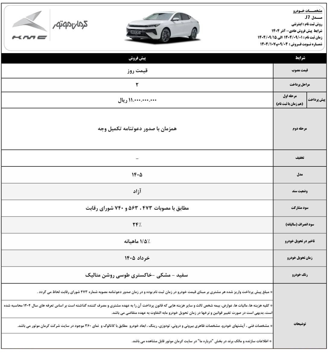 بخشنامه پیش‌ فروش کی ام سی J7