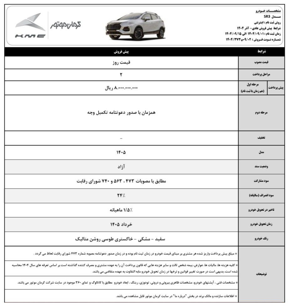 بخشنامه فروش کی ام سی SR3