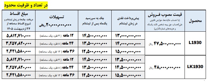 فروش اقساطی کامیون‌ های باری و کمپرسی 1930L و 1930LK