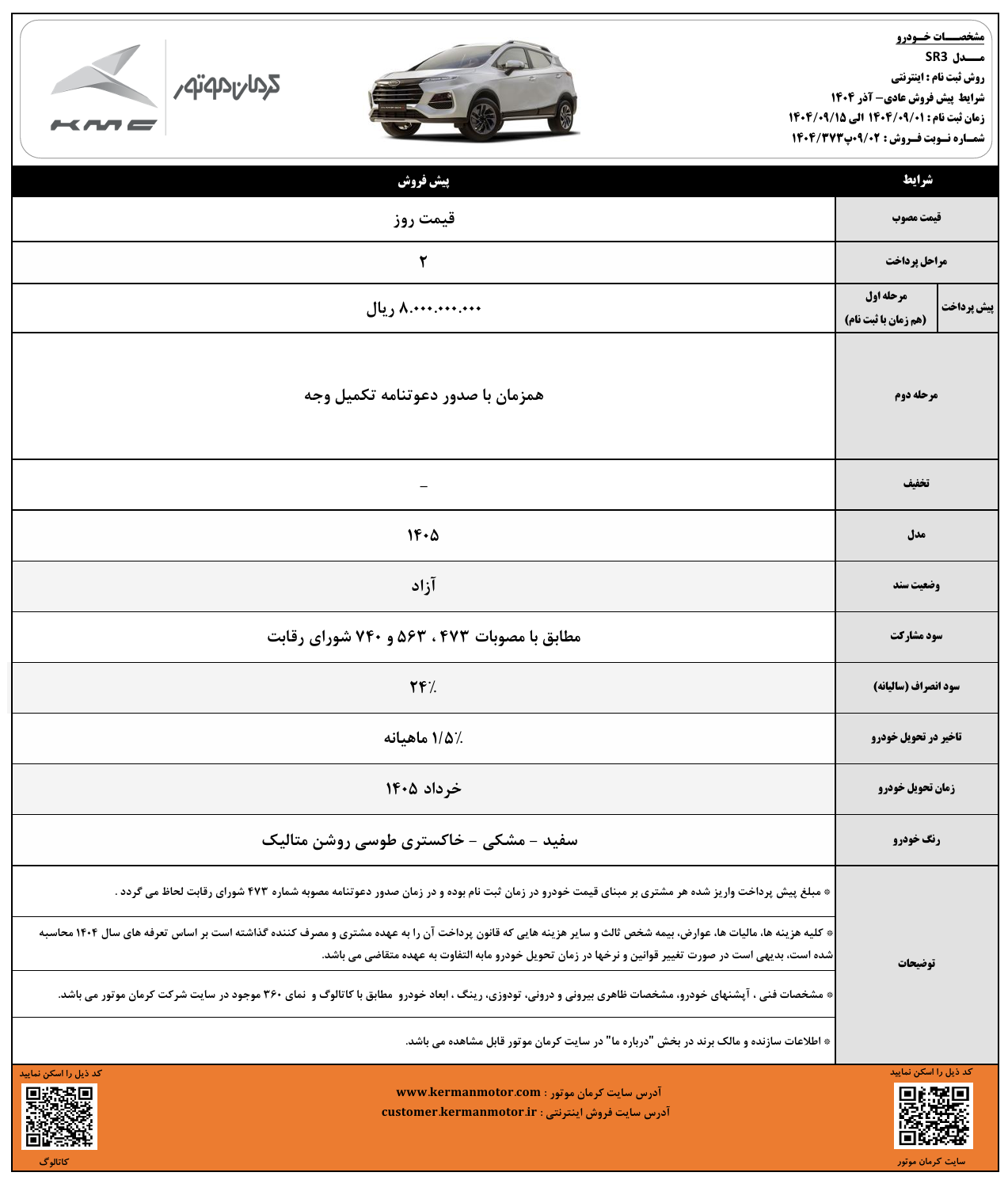 شرایط فروش کی ام سی SR3