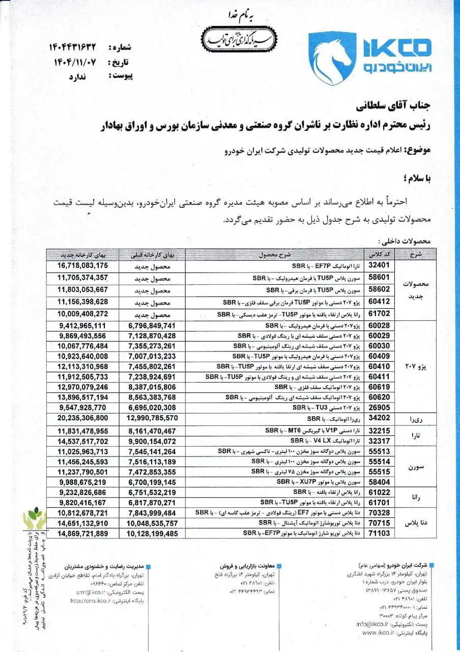 لیست قیمت جدید محصولات ایران خودرو