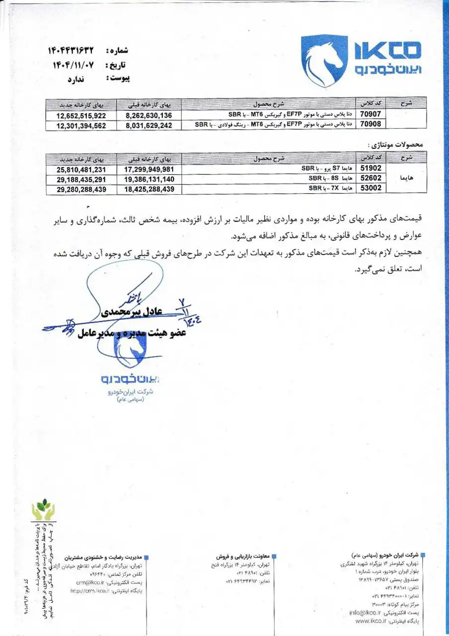 لیست قیمت جدید محصولات ایران خودرو