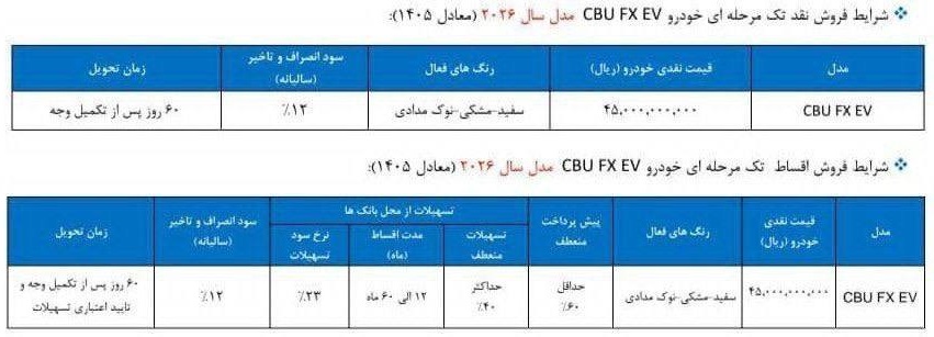 جدول فروش فونیکس FX برقی مدل ۲۰۲۶