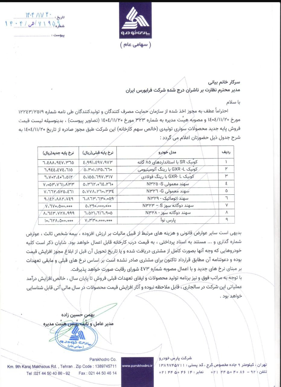 بخشنامه افزایش قیمت محصولات پارس خودرو