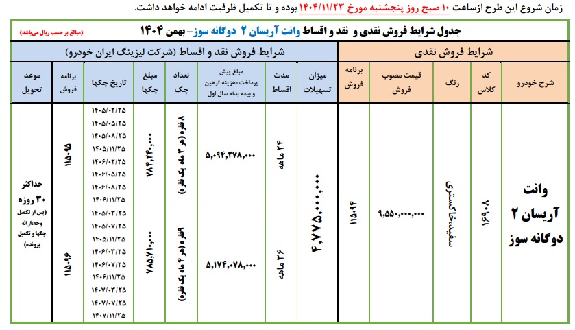 شرایط فروش وانت آریسان 2