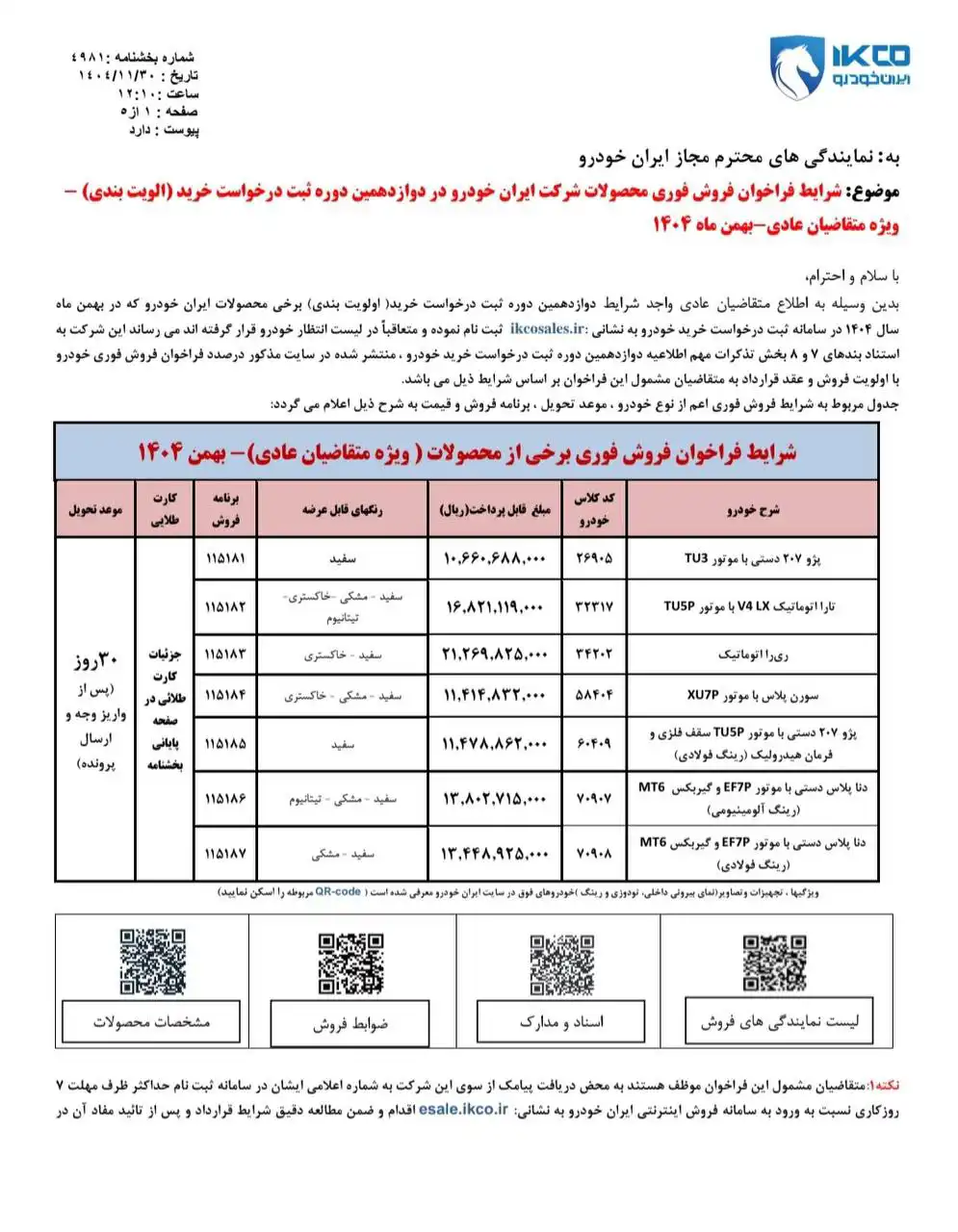 بخشنامه فروش فوری محصولات ایران خودرو