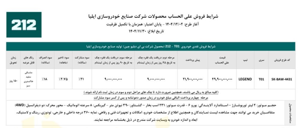 بخشنامه فروش خودروی 212 T01