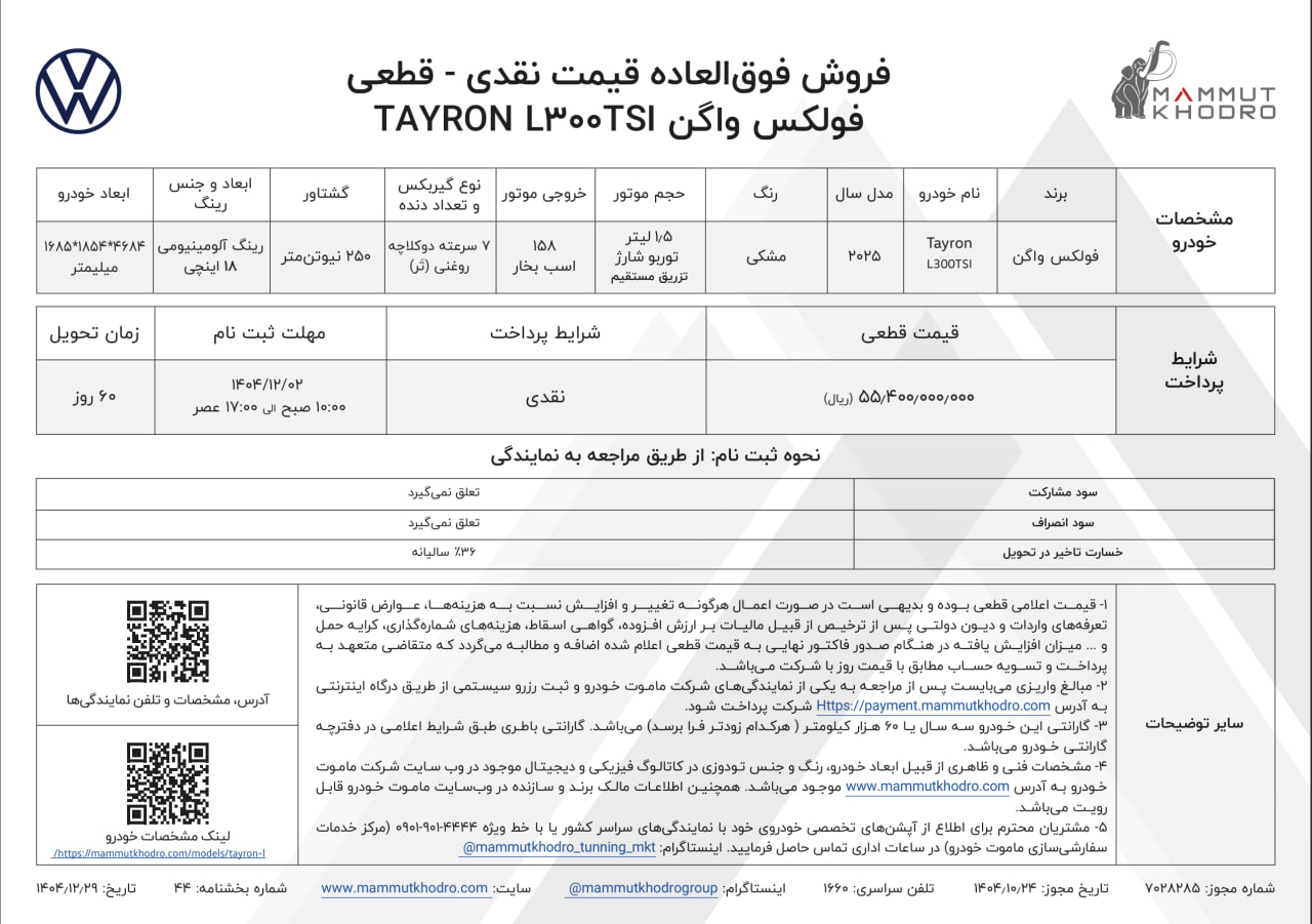 بخشنامه فروش فولکس واگن تایرون L